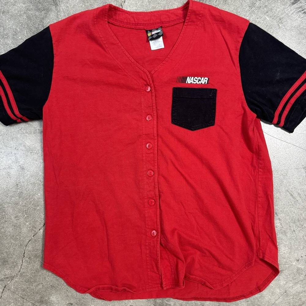 NASCAR Vintage 90s Running Hot Baseball Jersey Men's Size L Pocket Jerry Leigh